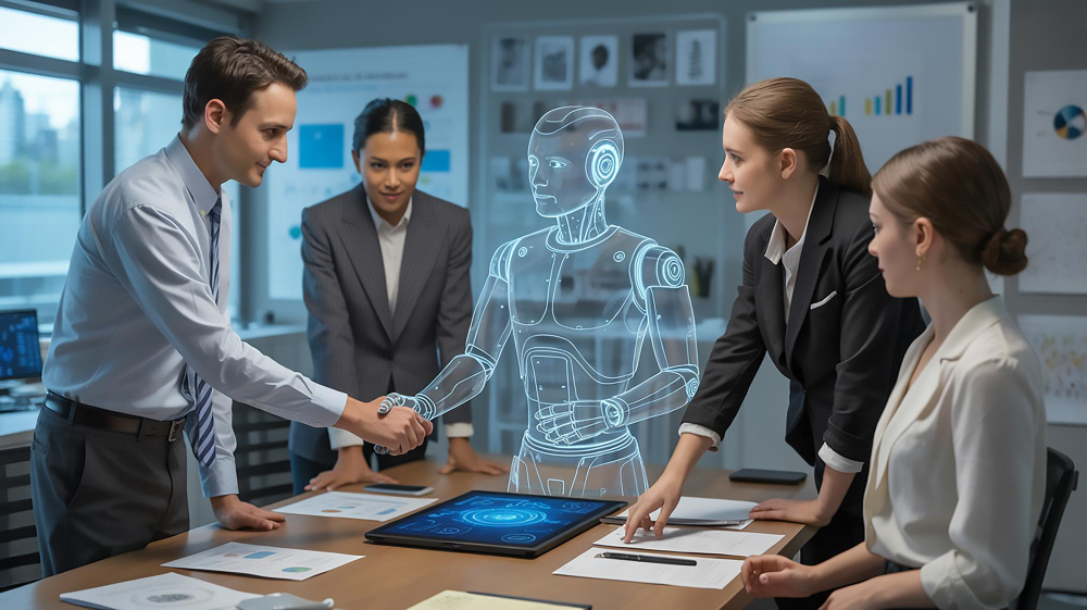 Professional team collaborating around a monitor in an office